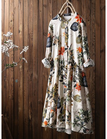 Leaves Floral Print Pleated Long Sleeve Vintage Dress