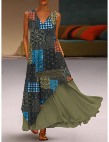 Print Patchwork Layered Sleeveless Maxi Dress