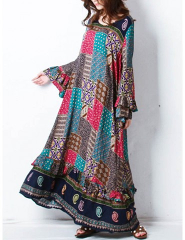 Vintage Geometric Patchwork Bohemian Long Sleeve Loose Print Dress