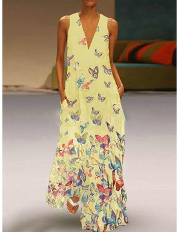Bohemian Butterfly Print Sleeveless Maxi Dress For Women