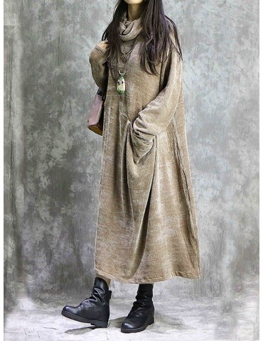 Turtleneck Solid Color Pocket Long Sleeve Dress For Women