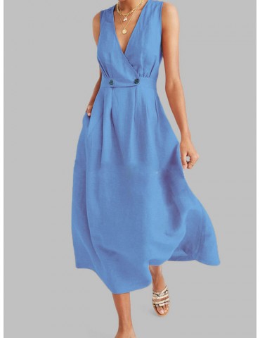 Vintage Solid Color V Neck Sleeveless Summer Dress