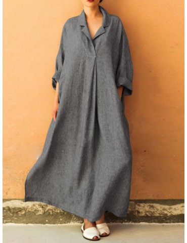 Solid Color Loose Lapel Long Sleeve Casual Maxi Dress