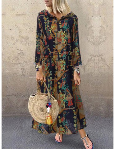 Vintage Print Pockets Frog Button Hooded Maxi Dress