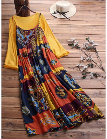 Two Pieces Ethnic Print Vintage Maxi Dress For Women
