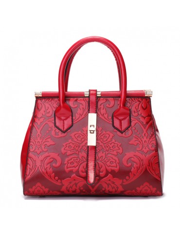 Women PU Leather Retro Embroidery Handbag Tote Bag