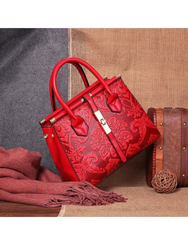 Women PU Leather Retro Embroidery Handbag Tote Bag