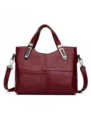 Women Stitching Handbag Soft Leather Leisure Solid Large Capacity Crossbody Bag