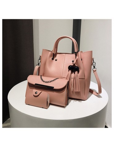 Women Pure Color Faux Leather 3Pcs Handbag Crossbody Bag Clutch Bag