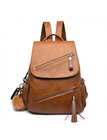 Women Travel Leisure PU Leather Backpack Cartoon Tassel Solid Bags
