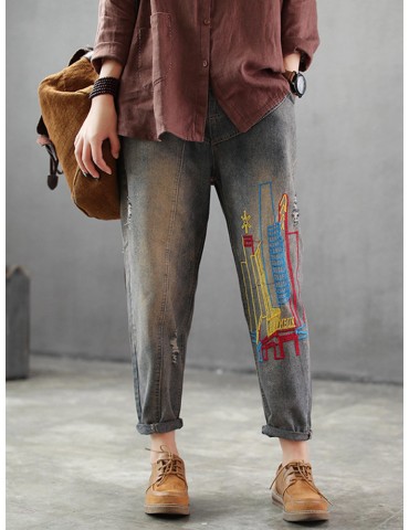 Embroidered Patchwork Drawstring Casual Ripped Jeans