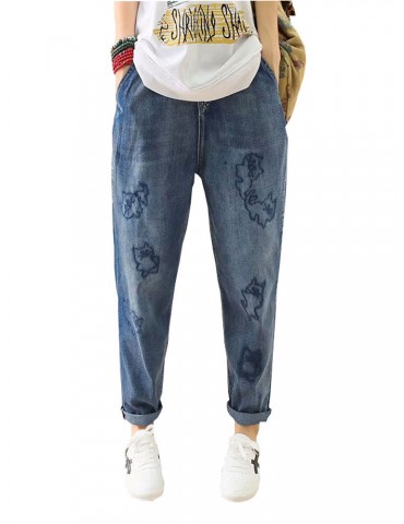 Casual Cat Embroidery Loose Harem Jeans For Women