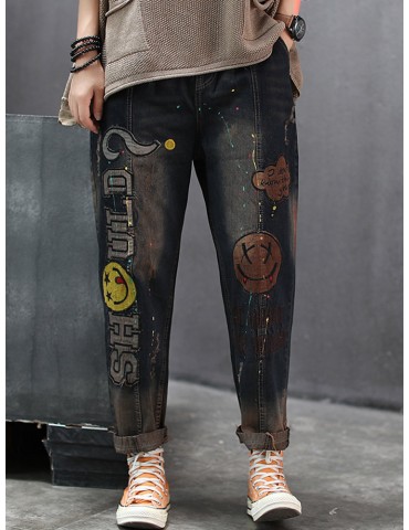 Embroidered Letter Patch Drawstring Waist Jeans For Women
