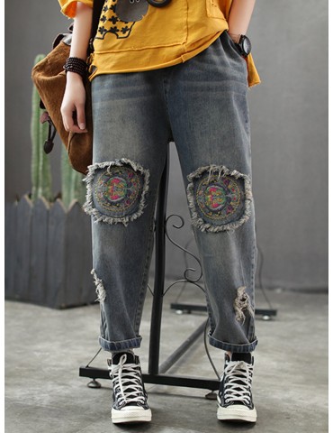 Patch Elastic Waist Embroidery Distressed Denim