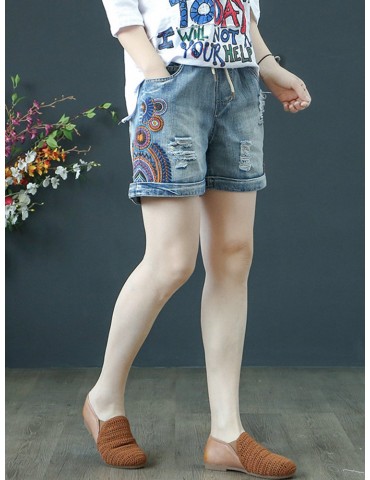 Drawstring Embroidered Ripped Short Jeans For Women