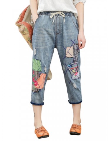 Retro Literary Embroidery Patch Elastic Waist Casual Jeans