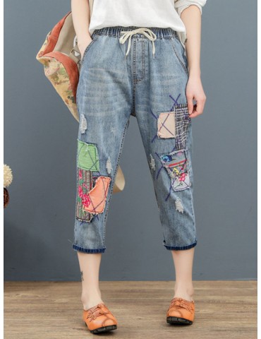Retro Literary Embroidery Patch Elastic Waist Casual Jeans