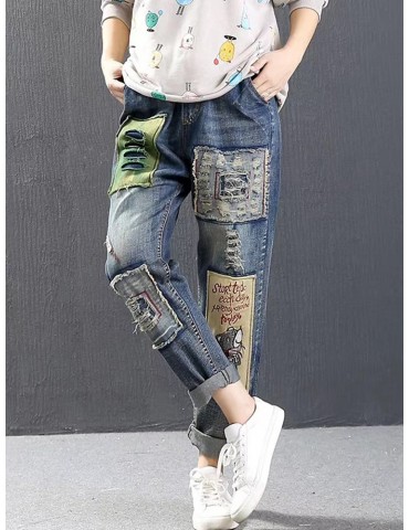 Letter Cartoon Embroidery Patch Ripped Jeans For Women