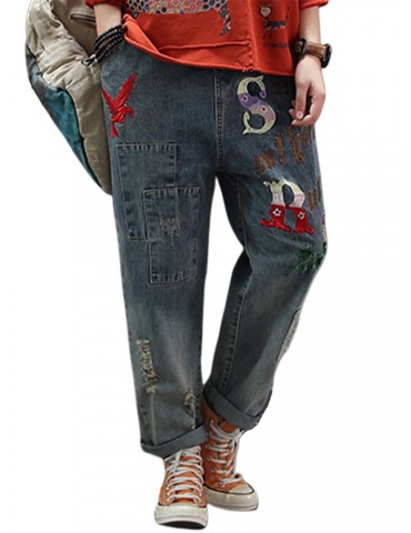 Floral Letter Embroidered Ripped Jeans For Women