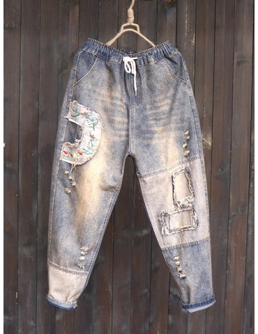 Embroidered Patchwork Drawstring Waist Distressed Jeans