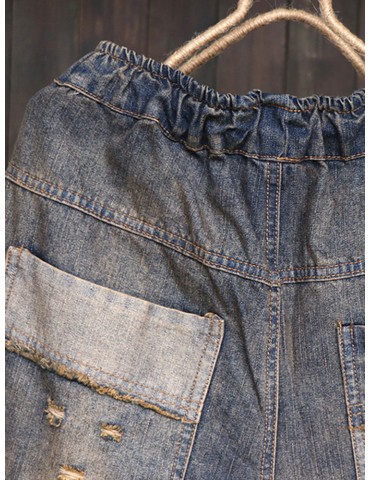 Embroidered Patchwork Drawstring Waist Distressed Jeans