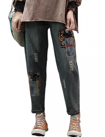 Floral Print Embroidered Patchwork Ripped Jeans For Women