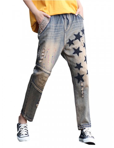 Embroidery Stars Harem Stitching Jeans For Women