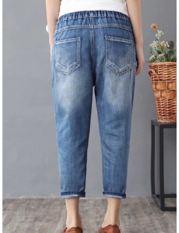 Embroidery Vintage Pocket High Waist Mid-Calf Casual Jeans