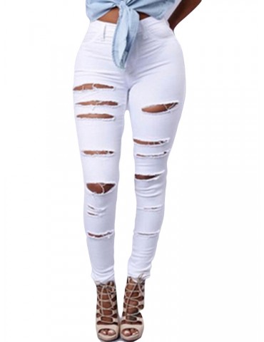 Hollow High Waist Solid Color Casual Ripped Jeans