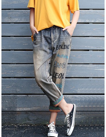 Letters Embroidery Elastic Waist Casual Denim