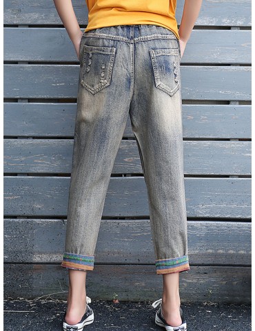 Letters Embroidery Elastic Waist Casual Denim