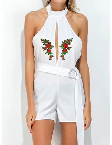 Beautiful Embroidered Hollow Halter Backless Sleeveless Jumpsuit For Women