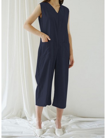 Sleeveless Culottes Dungaree Overalls Pockets Jumpsuit