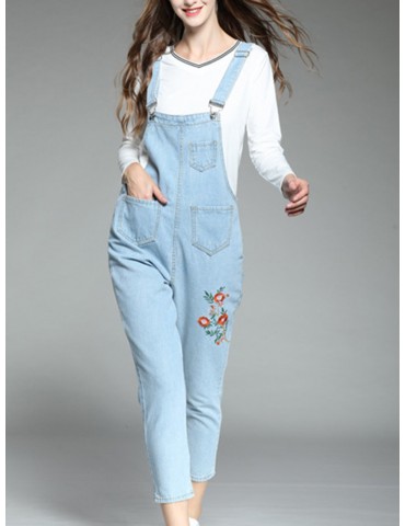 Embroidery Floral Denim Casual Jumpsuit