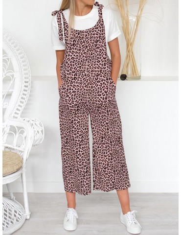 Casual Leopard Straps Pockets Harem Baggy Overall Jumpsuit