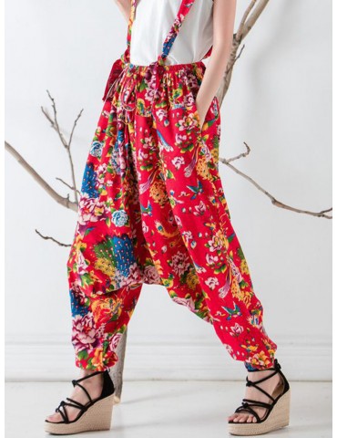 Ethnic Print Elastic Waist Drop-crotch Summer Jumpsuit