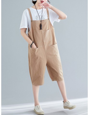 Solid Color Overall Casual Cropped Romper For Women