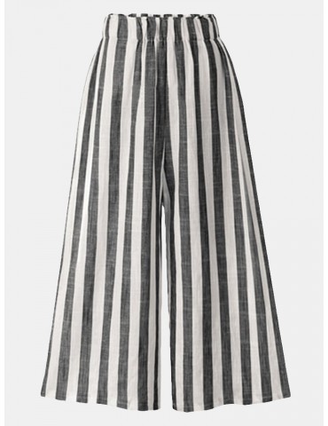 Women Stripe Loose Elastic Waist Wide Leg Casual Pants