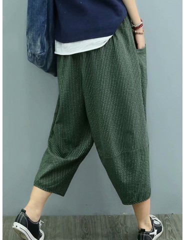 Pockets Stripe Elastic Waist Casual Pants For Women