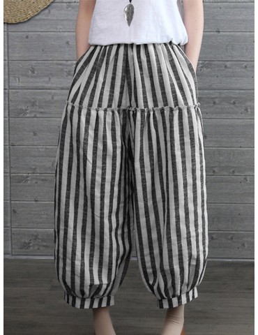 Elastic Waist Stripe Print Pleated Loose Vintage Pants