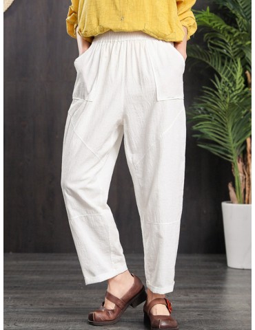 Elastic Waist Side Pockets Solid Color Casual Carrot Pants