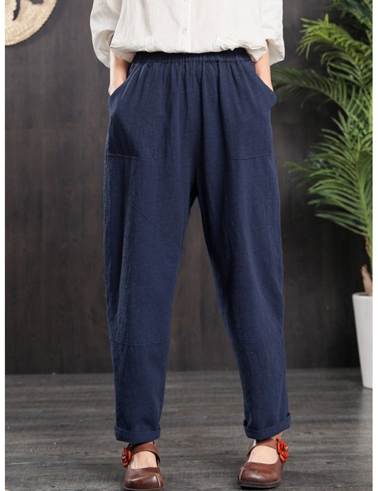 Elastic Waist Side Pockets Solid Color Casual Carrot Pants