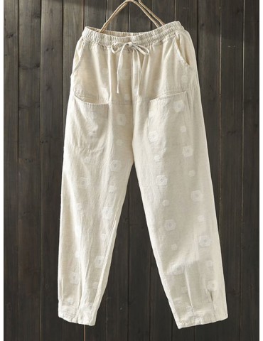 Vintage Embroidered Big Pockets Elastic Waist Pants