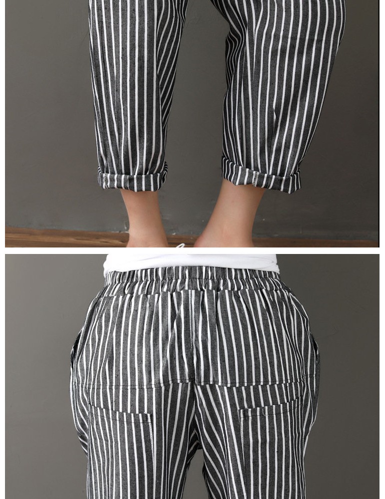 Buttons Stripe Elastic Waist Pockets Casual Harem Pants