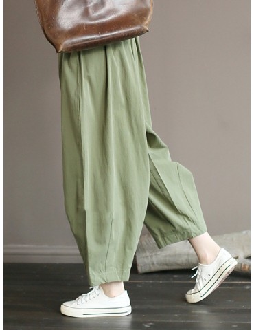 Solid Color Loose Pleated Elastic Waist Casual Pants