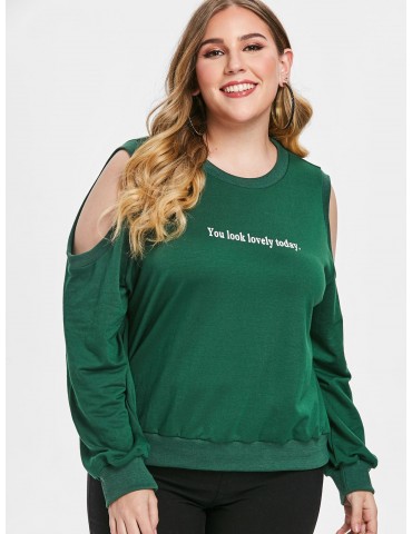 Graphic Plus Size Cold Shoulder Sweatshirt - Green 2x
