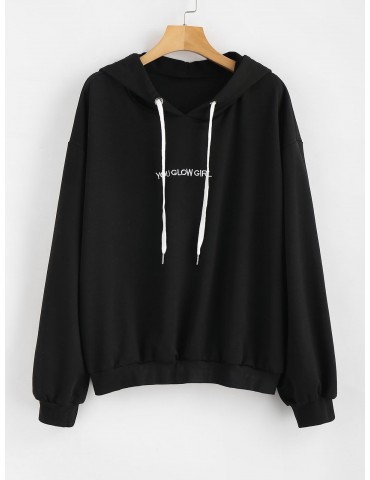 Letter Embroidered Plus Size Hoodie - Black 2x
