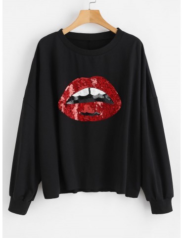 Sequined Lip Plus Size Sweatshirt - Black 4x