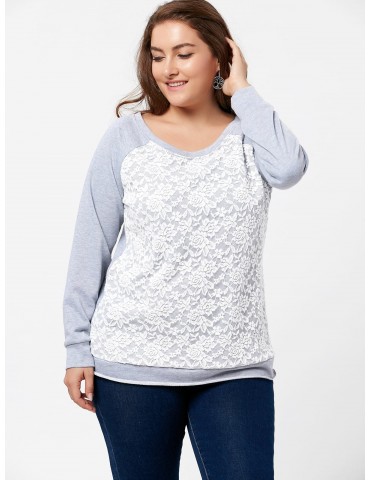 Plus Size Lace Panel Raglan Sleeve Pullover Sweatshirt - Gray Xl