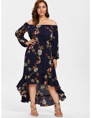  Plus Size High Low Floral Long Dress - Midnight Blue 4x